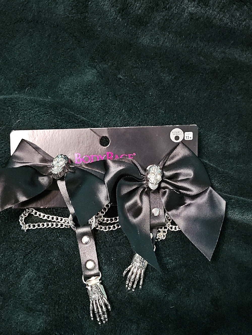 Black Satin Bow with Silver Skull Garters